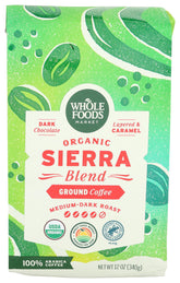 Whole Foods Market Sierra Blend ground coffee bag with resealable closure for freshness