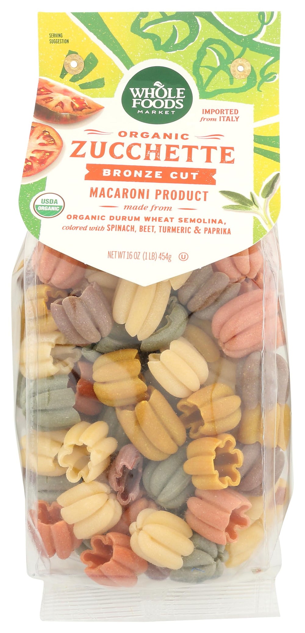 Whole Foods Market Zucchette Organic Pasta pack with multicolor shapes, ideal for family meals.