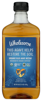 Wholesome Blue Agave Nectar bottle pour: a smooth, versatile sweetener for drinks and recipes.