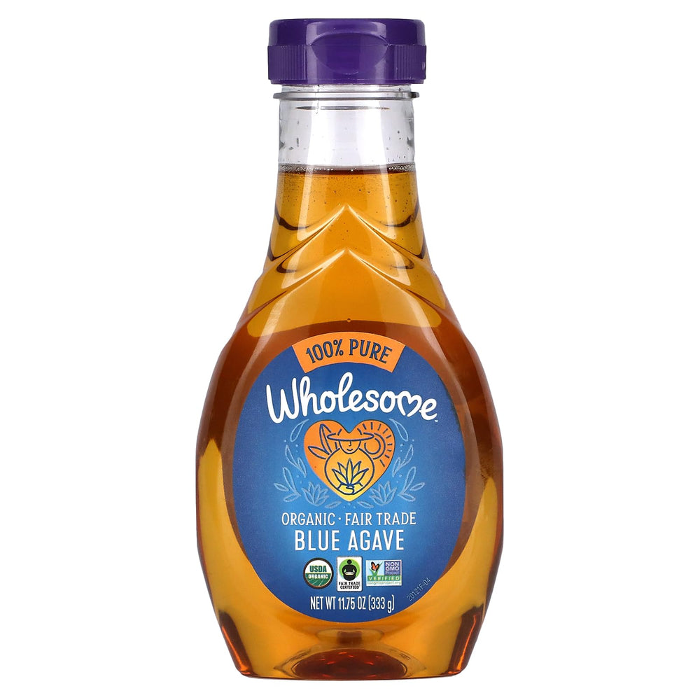 Wholesome Blue Agave Nectar bottle showcases premium natural sweetener ideal for cocktails and baking.