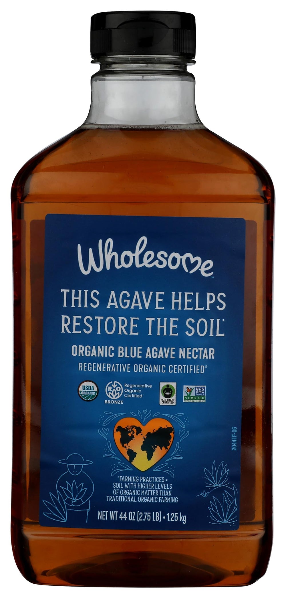 Wholesome Blue Agave syrup bottle pours into a cup, highlighting convenience.