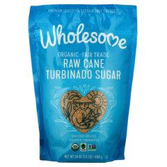 Wholesome Organic Turbinado Sugar crystals in a jar, ideal for coffee and baking.