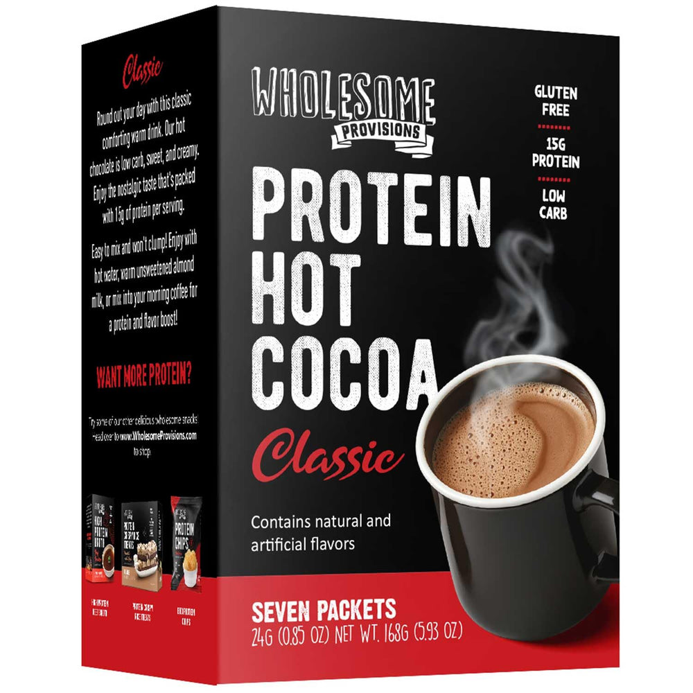 Wholesome Provisions Protein Hot Chocolate package with seven sachets.