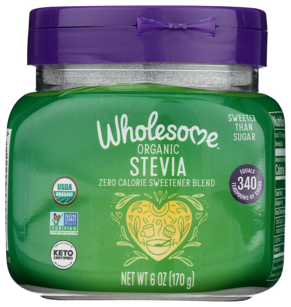 Wholesome Stevia 6oz jar front label showing zero calorie sweetness and organic credentials.