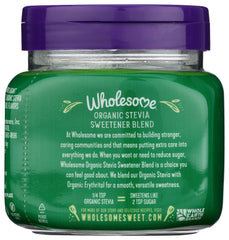 Wholesome Stevia ingredients list with organic erythritol and natural flavors.