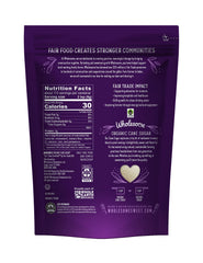 Wholesome organic cane sugar packaging highlighting fair trade and vegan certifications