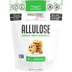 Wholesome Yum Allulose sweetener granulated jar shows a natural sugar substitute with zero calories.