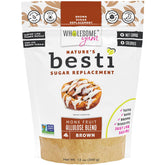 Wholesome Yum Besti Brown Sugar Substitute bottle pouring for sugar-free baking with brown sugar feel.