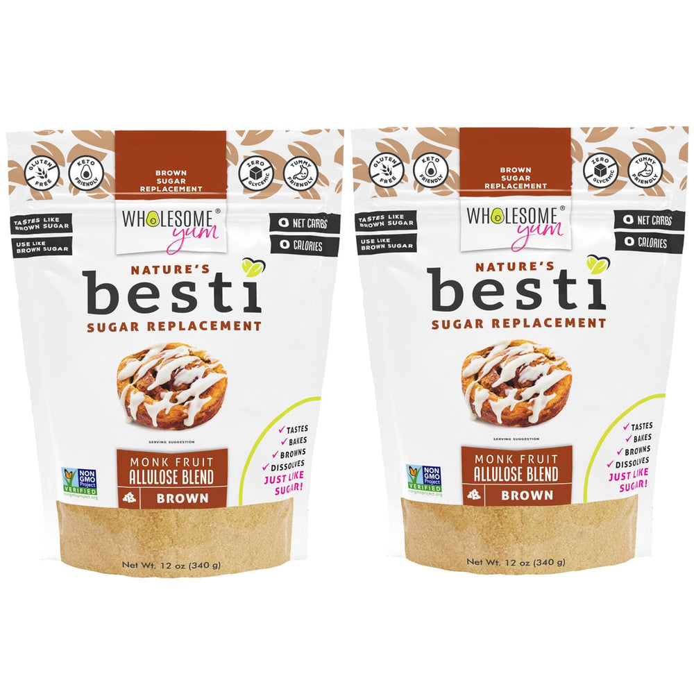 Wholesome Yum Besti Brown Sugar Substitute packaging on shelf, keto-friendly sweetness for your pantry.