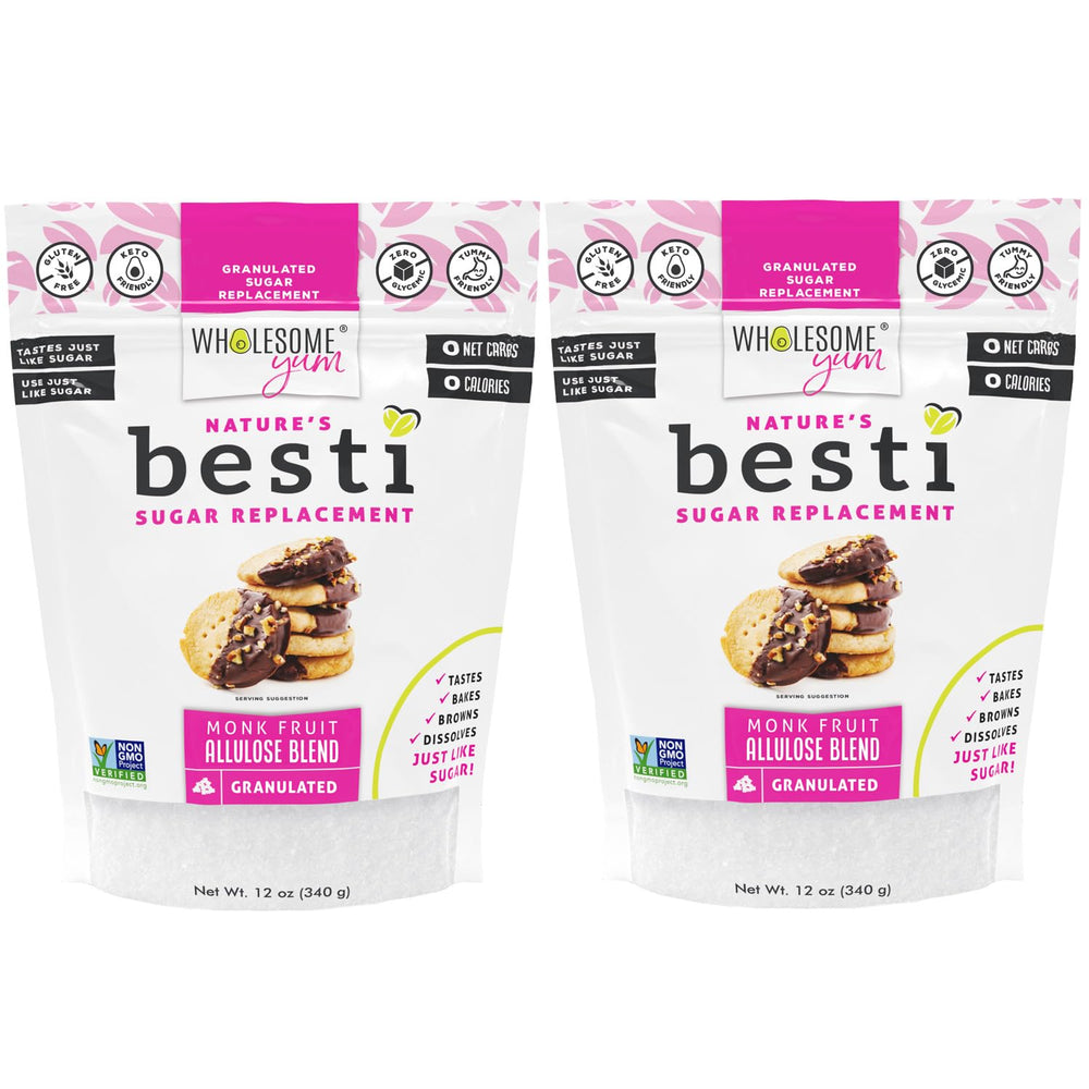 Wholesome Yum Besti monk fruit sweetener bag front shows zero calories and keto-friendly branding.