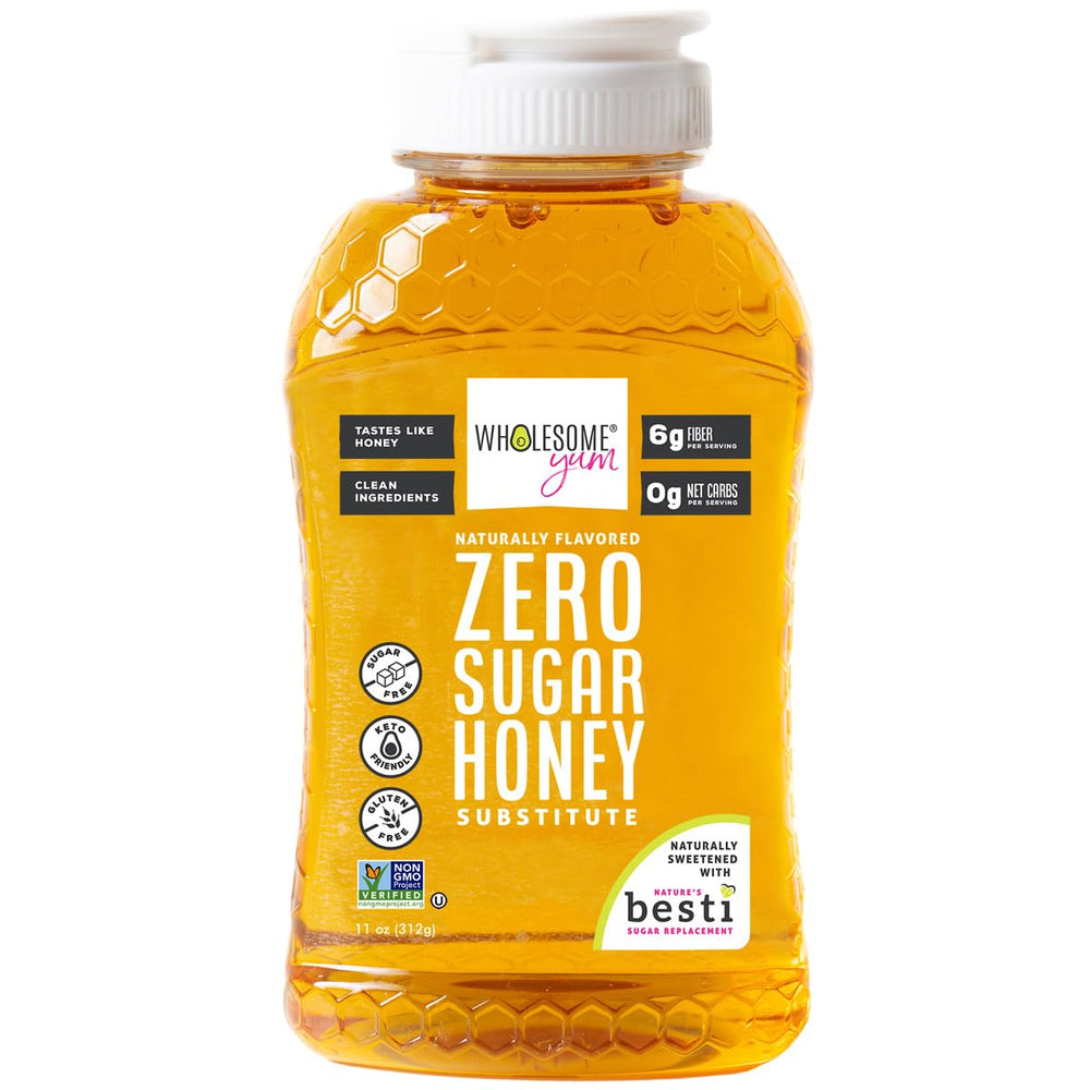 Wholesome Yum Zero Sugar Honey Substitute bottle on kitchen counter showing natural sweetness.