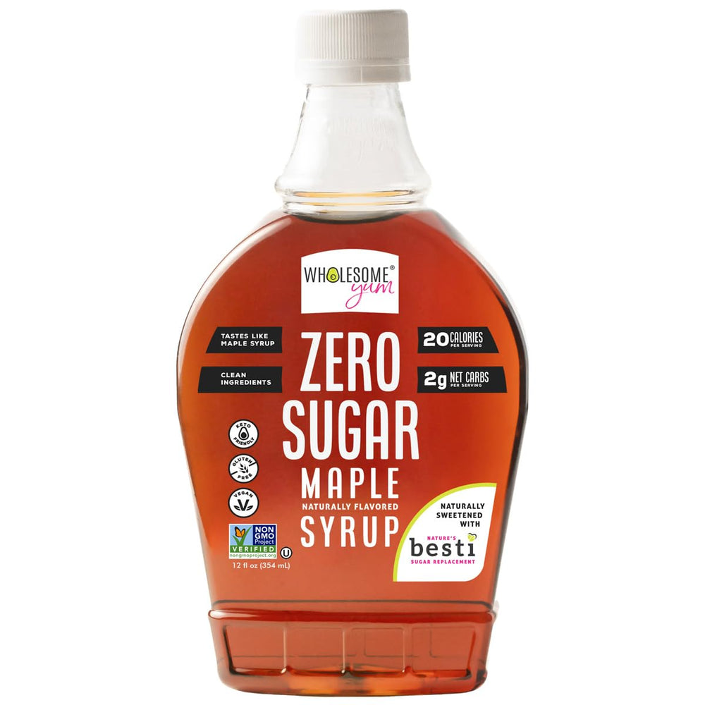 Wholesome Yum zero sugar maple syrup bottle pouring on pancakes for a sugar-free breakfast.