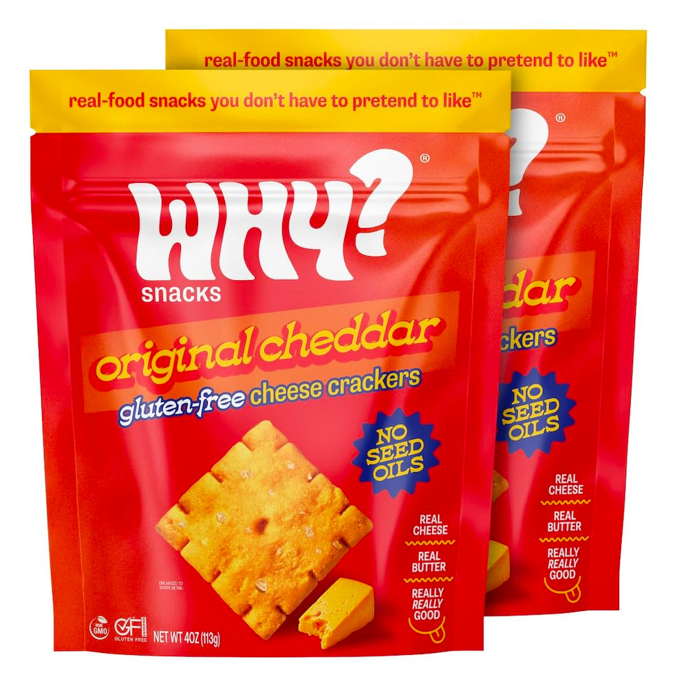 WHY? SNACKS gluten-free cheddar crackers box front shows nostalgic design and clean ingredients.