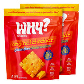 WHY? SNACKS gluten-free cheddar crackers box front shows nostalgic design and clean ingredients.
