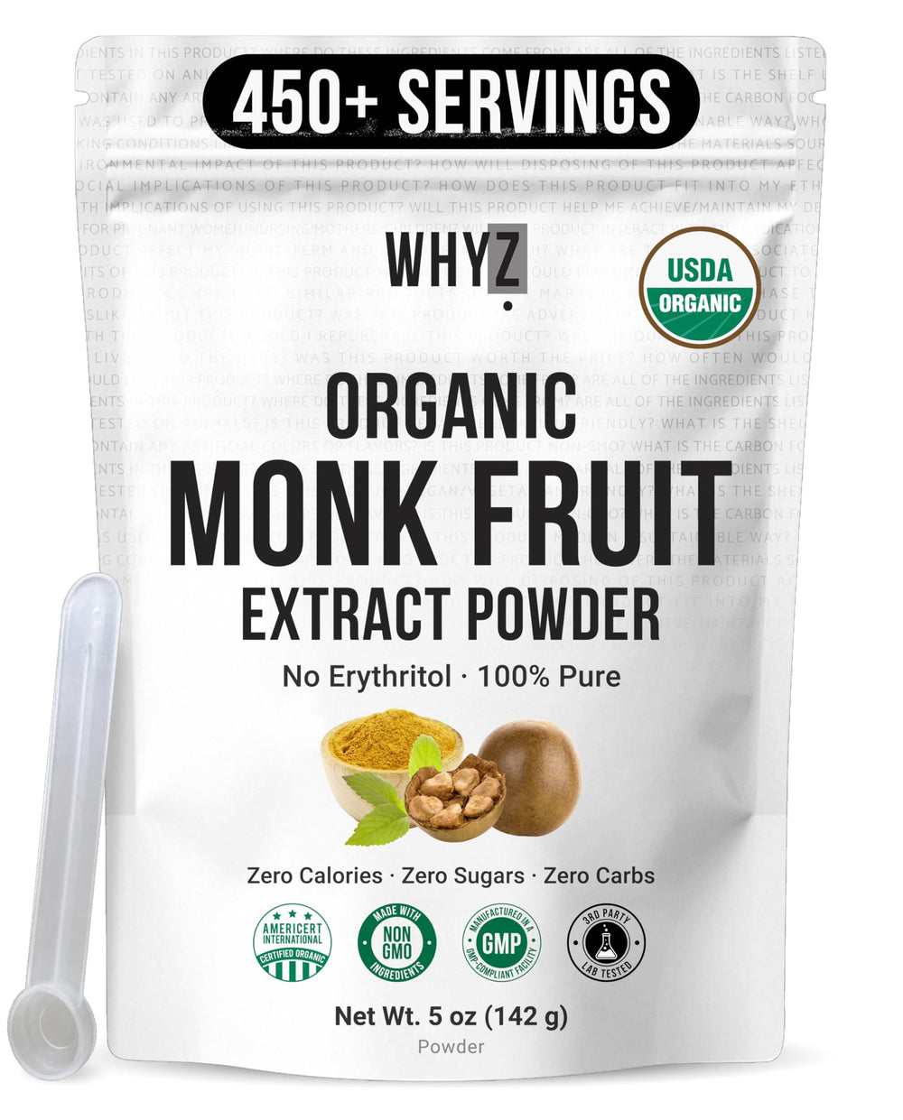 WHYZ Organic Monk Fruit Extract powder in a jar for zero-calorie baking and beverages.