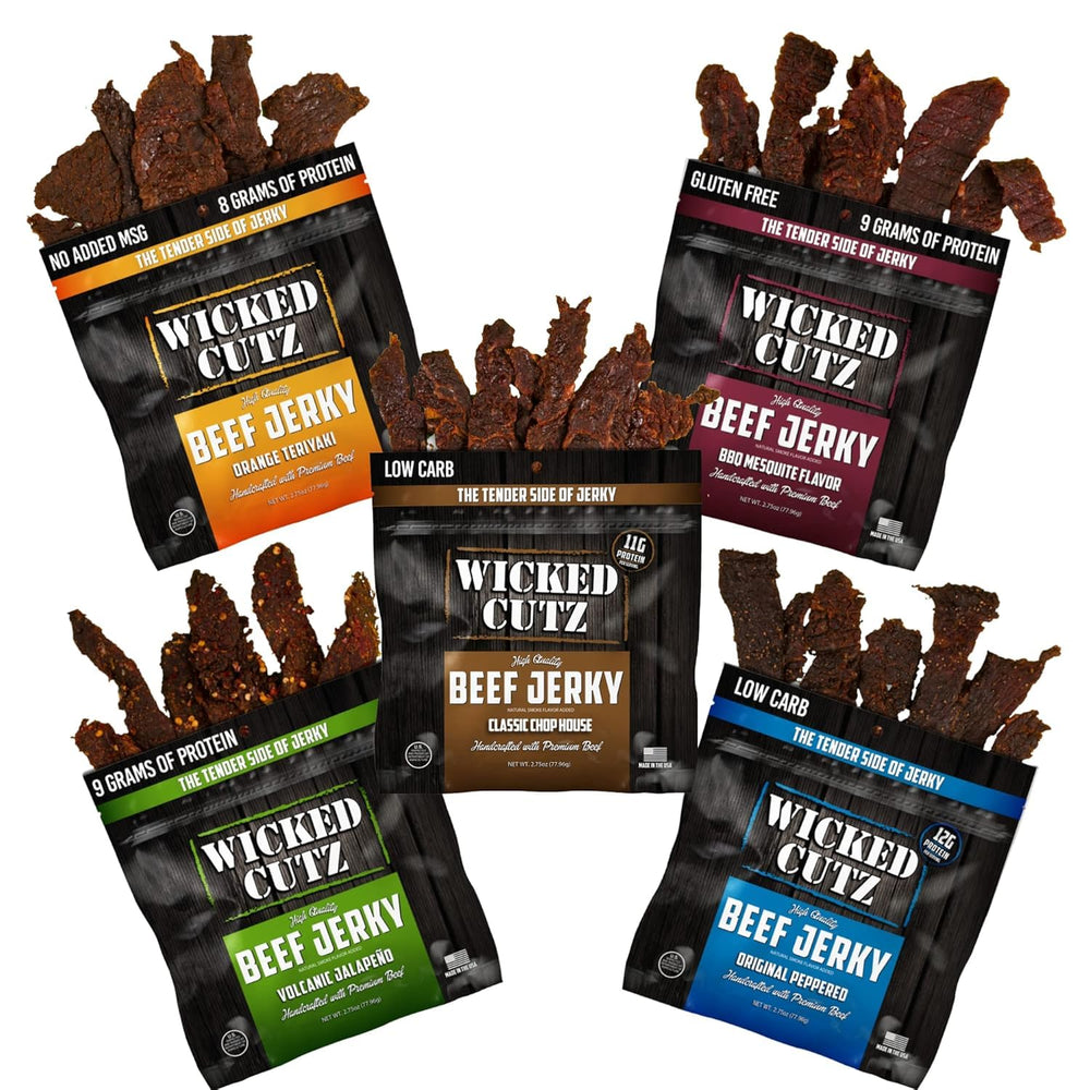 Wicked Cutz Orange Teriyaki beef jerky bag for on-the-go protein.