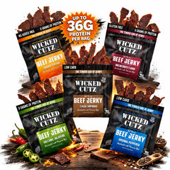 Wicked Cutz Original Peppered beef jerky bag delivering high protein.