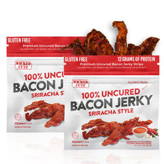 Wicked Cutz Sriracha Bacon Jerky pack showcases a convenient high-protein snack.