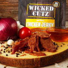 Wicked Cutz USA-made chicken jerky label highlights quality ingredients.