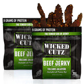 Wicked Cutz Volcanic Jalapeño jerky bag front for high-protein snack