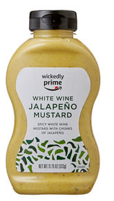 Wickedly Prime mustard bottle with white wine jalapeño for bold sandwiches.