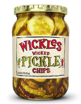 Wickles Wicked Pickle Chips in a glass jar showing bold crunch for snacking