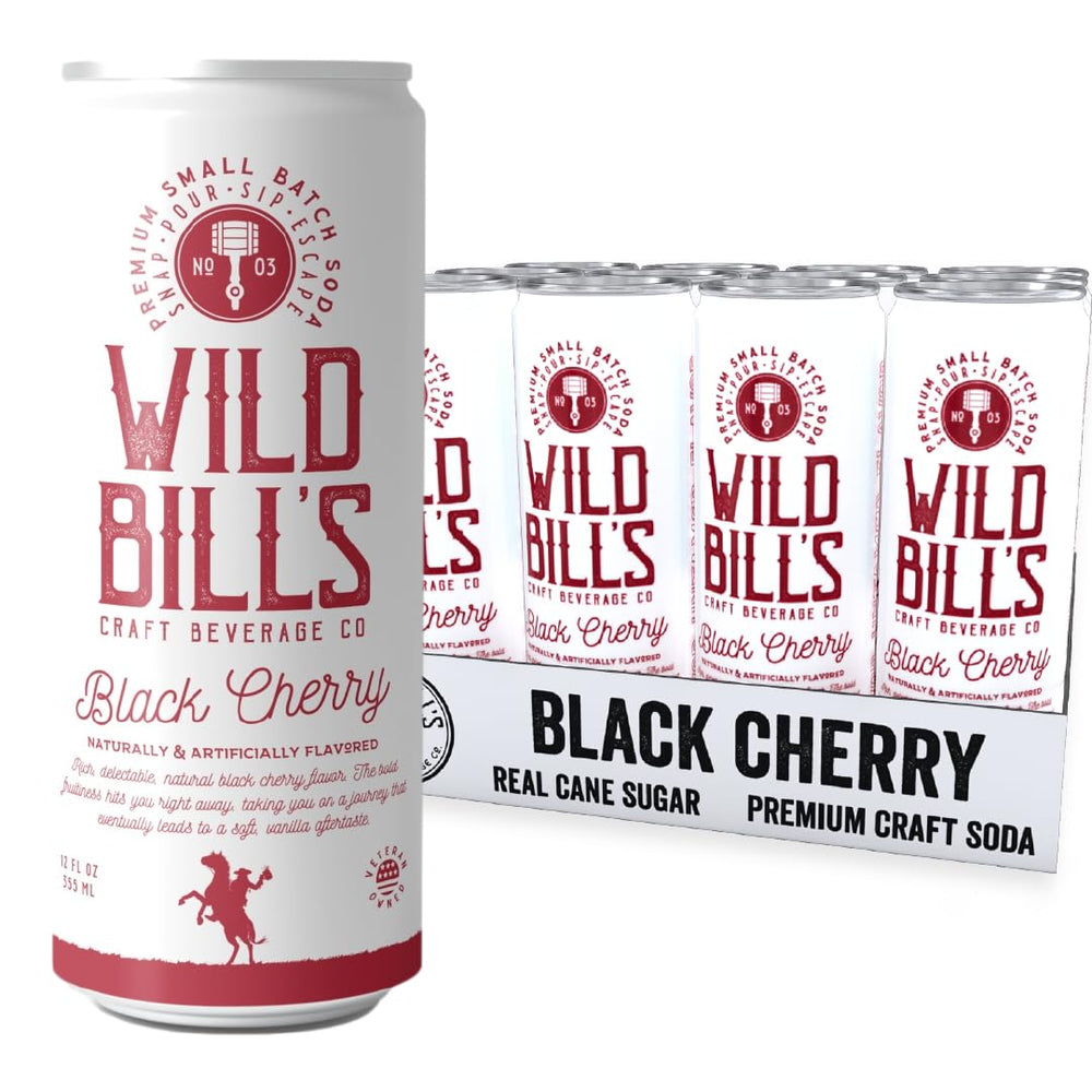 Wild Bill's Black Cherry Soda bottle highlights pure cane sugar flavor
