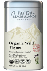 Wild Bliss Breckland thyme tea pack highlights organic, caffeine-free herbal blend for anytime sipping.