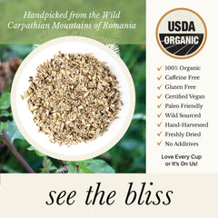 Wild Bliss Burdock Root Tea bag brew offers a convenient caffeine-free cup.