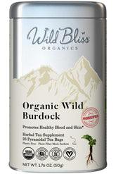 Wild Bliss Burdock Root Tea packaging highlights organic, single-origin quality and sustainability.
