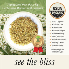 Wild Bliss Elderflower Tea brewed cup releases warm aroma and soothing flavor.