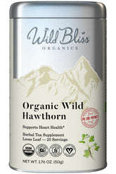 Wild Bliss Hawthorn Tea leaf and flower bundle shows wild-sourced ingredients.