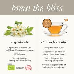 Wild Bliss Hawthorn Tea loose-leaf close-up reveals vibrant leaves and blossoms.