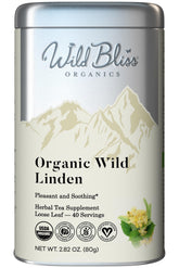 Wild Bliss Linden Flower Tea pack shot highlights premium organic packaging for a calming ritual.