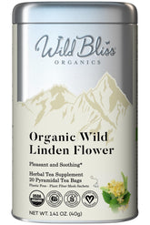 Wild Bliss Linden Flower Tea packaging highlights organic, caffeine-free calm.