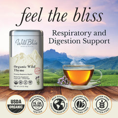 Wild Bliss loose-leaf thyme tea brew showcases fragrant aroma for a calming, caffeine-free moment.