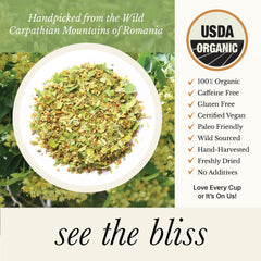 Wild Bliss Organic Linden Flowers drying scene emphasizes wild-sourced, small-batch freshness.