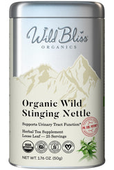 Wild Bliss nettle tea leaves in a loose-leaf basket for a caffeine free wellness infusion