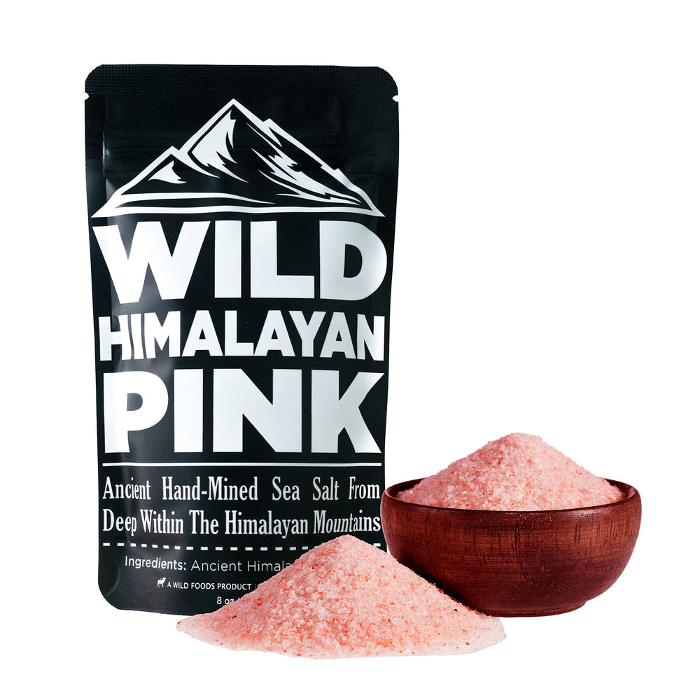 Wild Foods Pink Himalayan Salt fine ground packaging highlights purity and mineral-rich flavor.