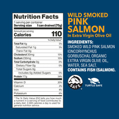 Close-up of Wild Planet smoked salmon fillets in olive oil showing silky texture.