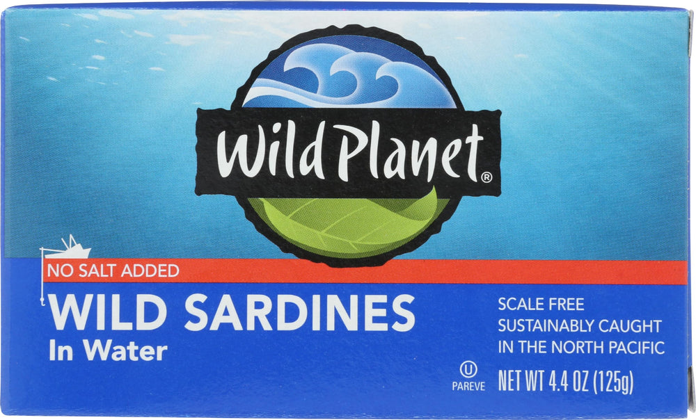 Wild Planet Sardines Wild Water Ns can-front view, premium pantry staple.