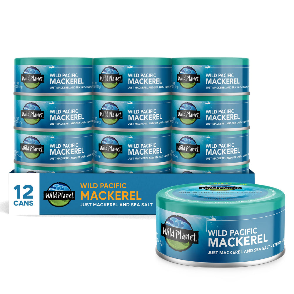 Wild Planet Wild Pacific Mackerel saba can front view, protein-rich and ready to enjoy.