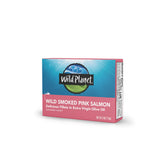 Wild Planet smoked pink salmon can with olive oil on display; ready for quick meals.