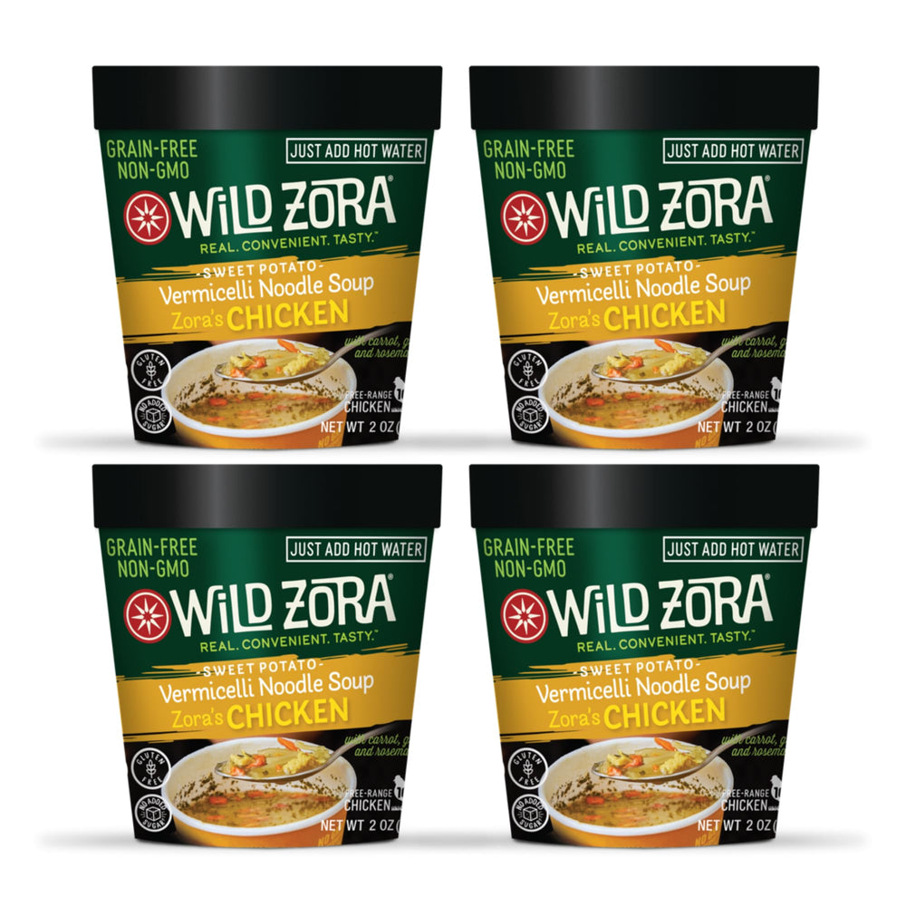 Wild Zora Chicken Noodle Soup Cup four-pack offers convenient on-the-go meals