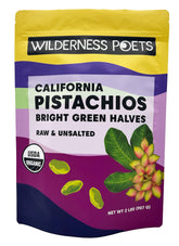 Wilderness Poets Organic Pistachios bright green halves in a bag, unsalted for snacking