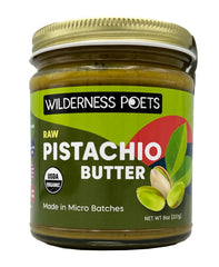 Wilderness Poets Pistachio Butter in glass jar shows pure organic spread for snacks