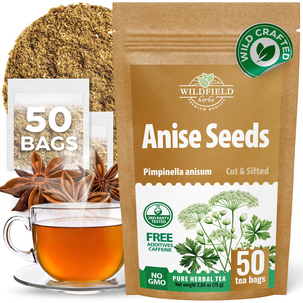 Wildfield Herbs Anise tea bag box front view with inviting aroma.