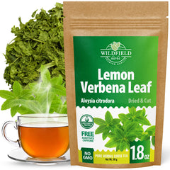 Wildfield Herbs Lemon Verbena Tea box with label, ready to enjoy a fragrant cup