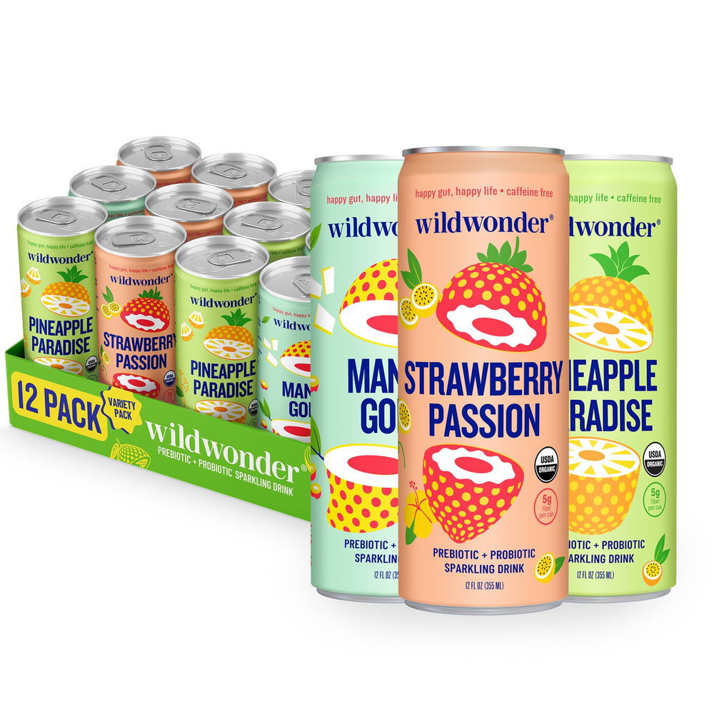 Wildwonder Sparkling Probiotic Drink 12pk Tropical Vibes pack with vibrant, refreshing bubbles