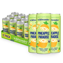 Wildwonder Sparkling Probiotic Pineapple Paradise can close-up with bright pineapple aroma.